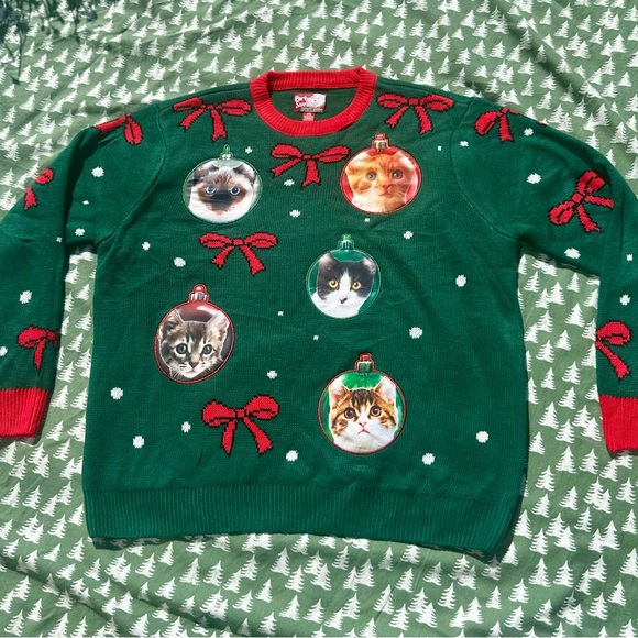 Vintage Ugly Christmas Holiday Sweater Party Sweater Green Cat Ornament Size 2XL - Picture 1 of 8